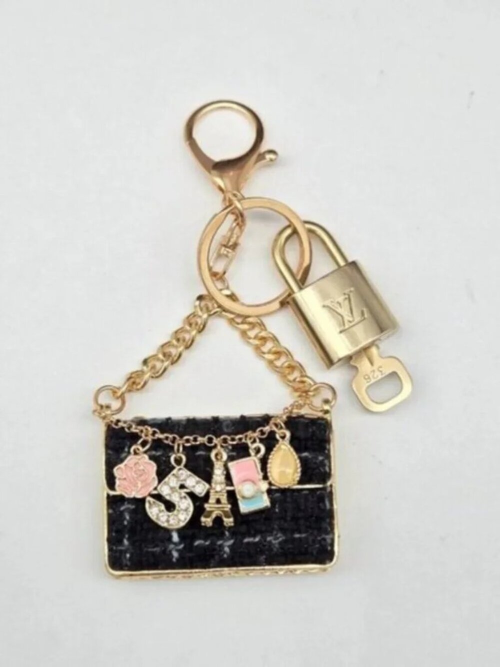 Authentic Louis Vuitton Padlock & Key Gold ✨Unbranded Tweed Bag Charm Keychain - Picture 5 of 6